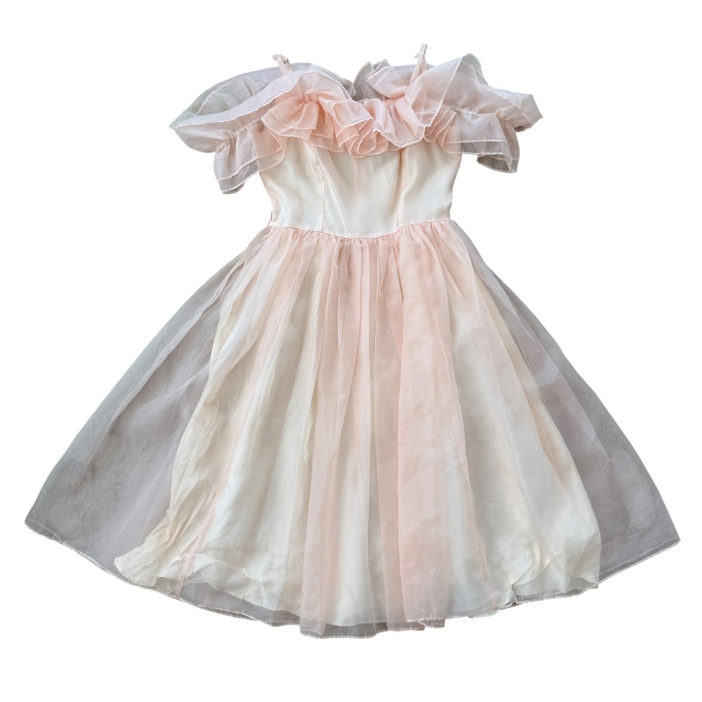 Roberta California 80s Vintage Organza Prom Dress Ruffle Off Shoulder 7/8 Pink